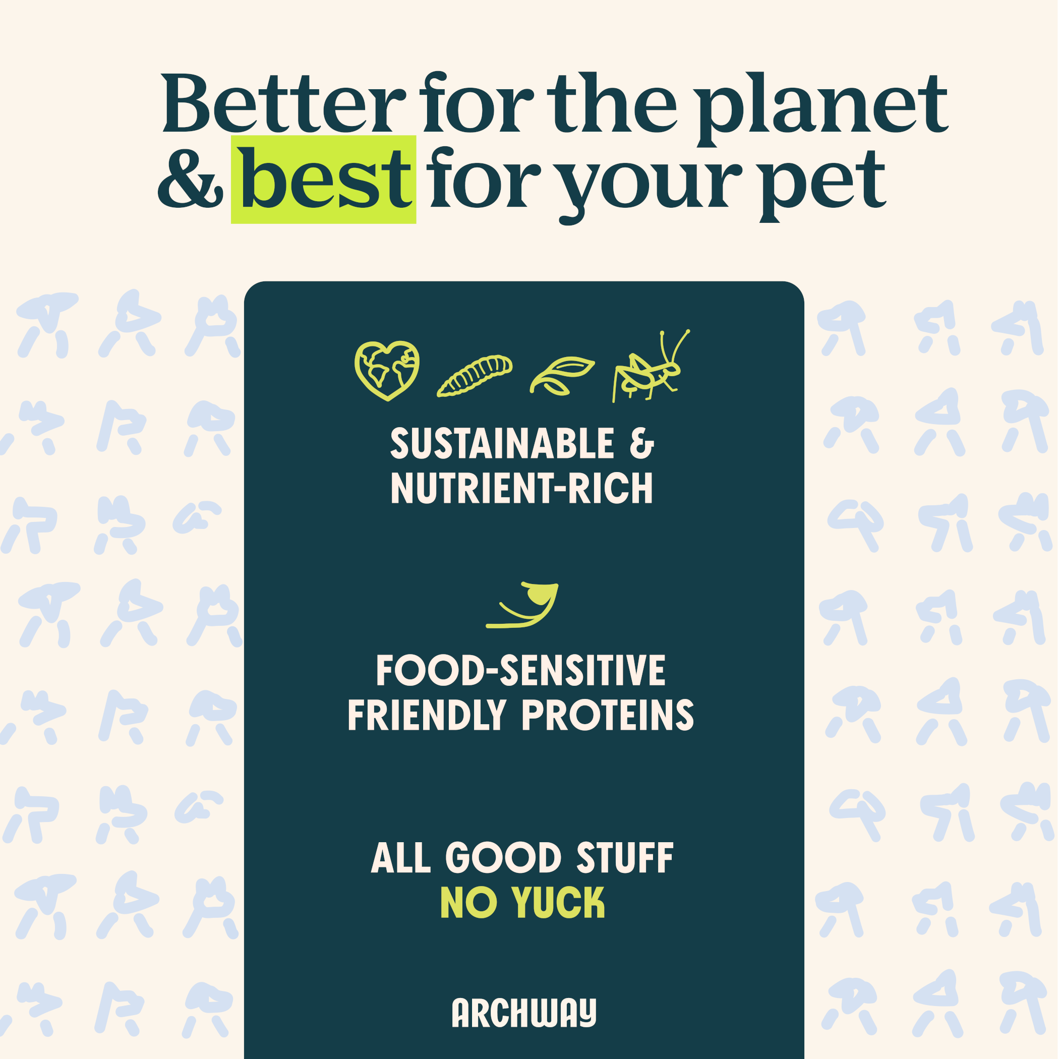 Promotional graphic for Archway pet food with text about sustainability and pet health on a patterned background.