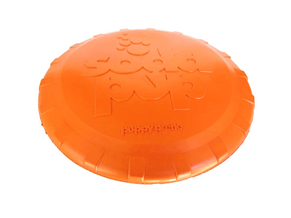 Orange dog toy with 'Pupperoni' branding on a white background