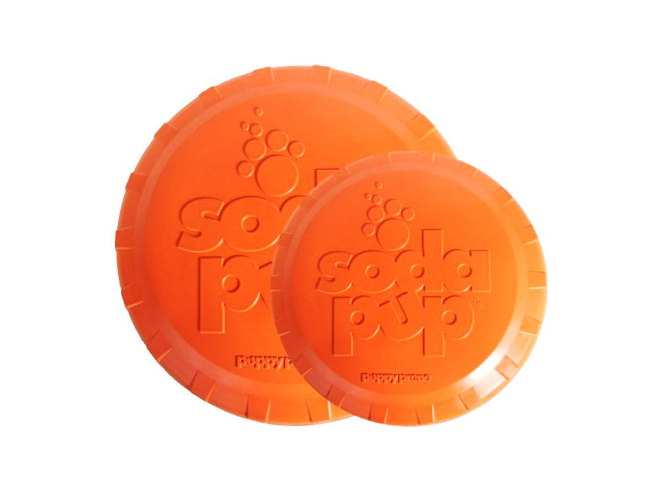 Two orange dog toys with 'Puppy Love' branding on a white background