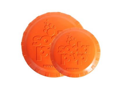 Two orange dog toys with 'Puppy Love' branding on a white background