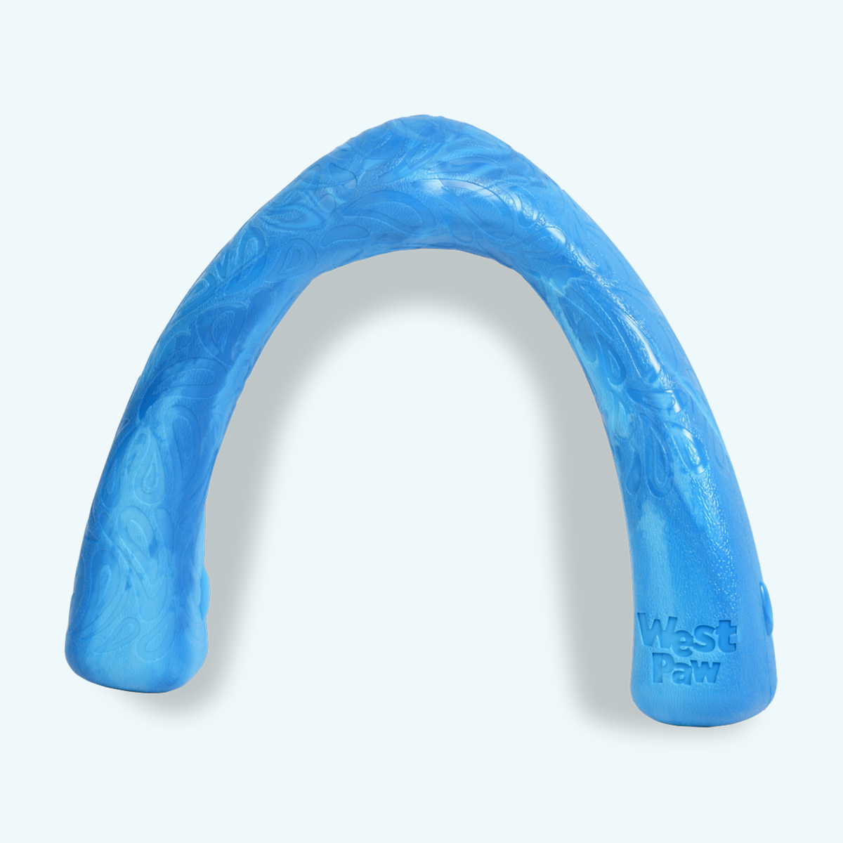 Blue dog toy with 'West Paw' branding on a light gray background