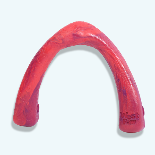 Pink and purple dog toy with 'West Paw' branding on a light gray background