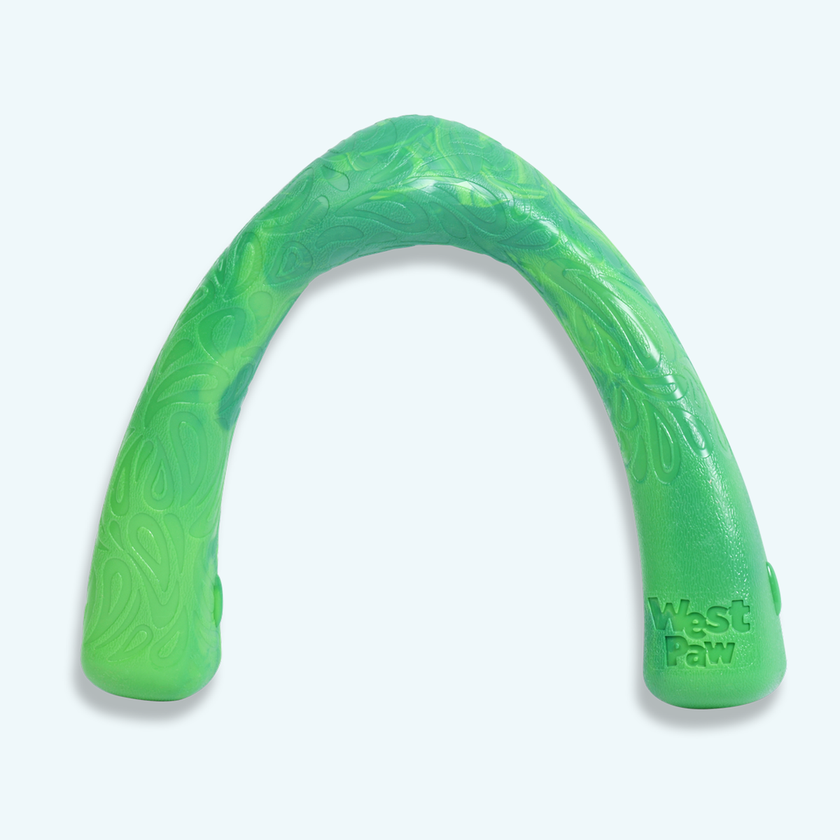 Green dog toy with 'West Paw' branding on a light gray background