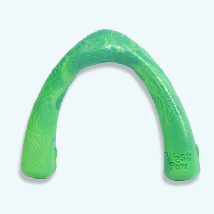 Green dog toy with 'West Paw' branding on a light gray background