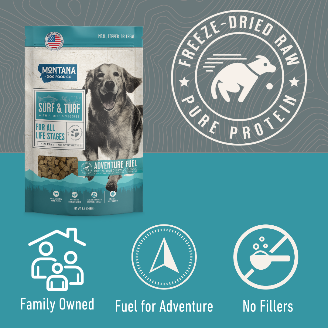 Montana Dog Food Co. surf & turf dog food package with brand logo and product features on a teal and gray background.