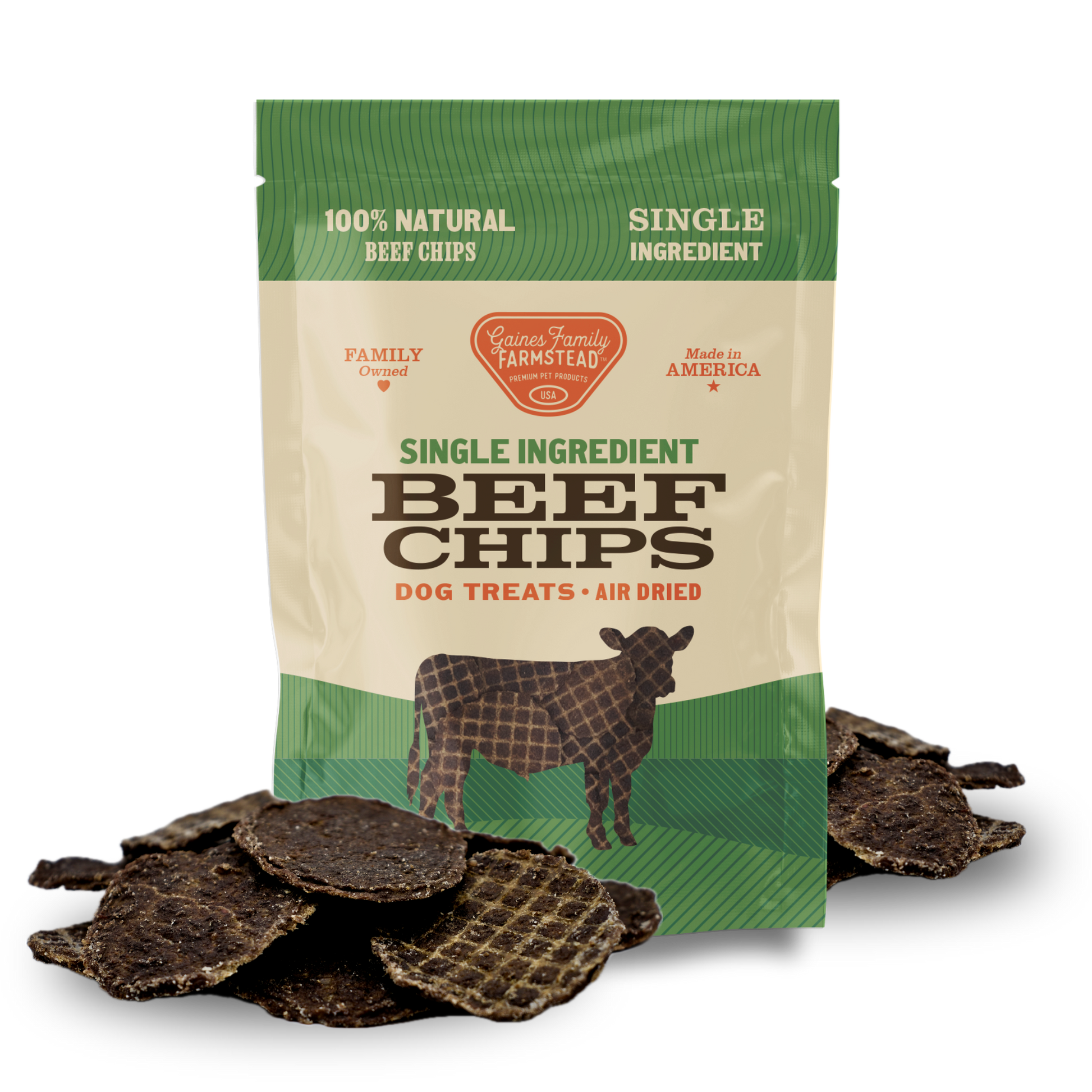 Package of single ingredient beef chips dog treats with visible beef chips on a white background