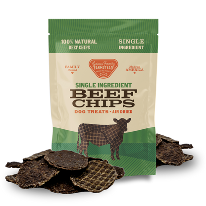 Package of single ingredient beef chips dog treats with visible beef chips on a white background