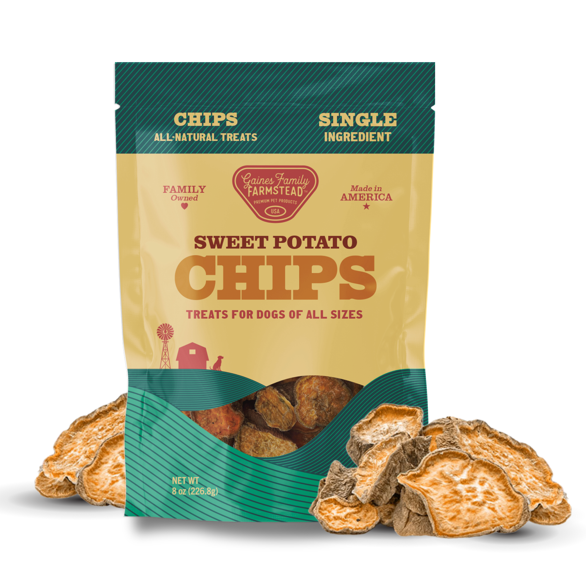 Package of sweet potato chips for dogs with visible treats on a white background