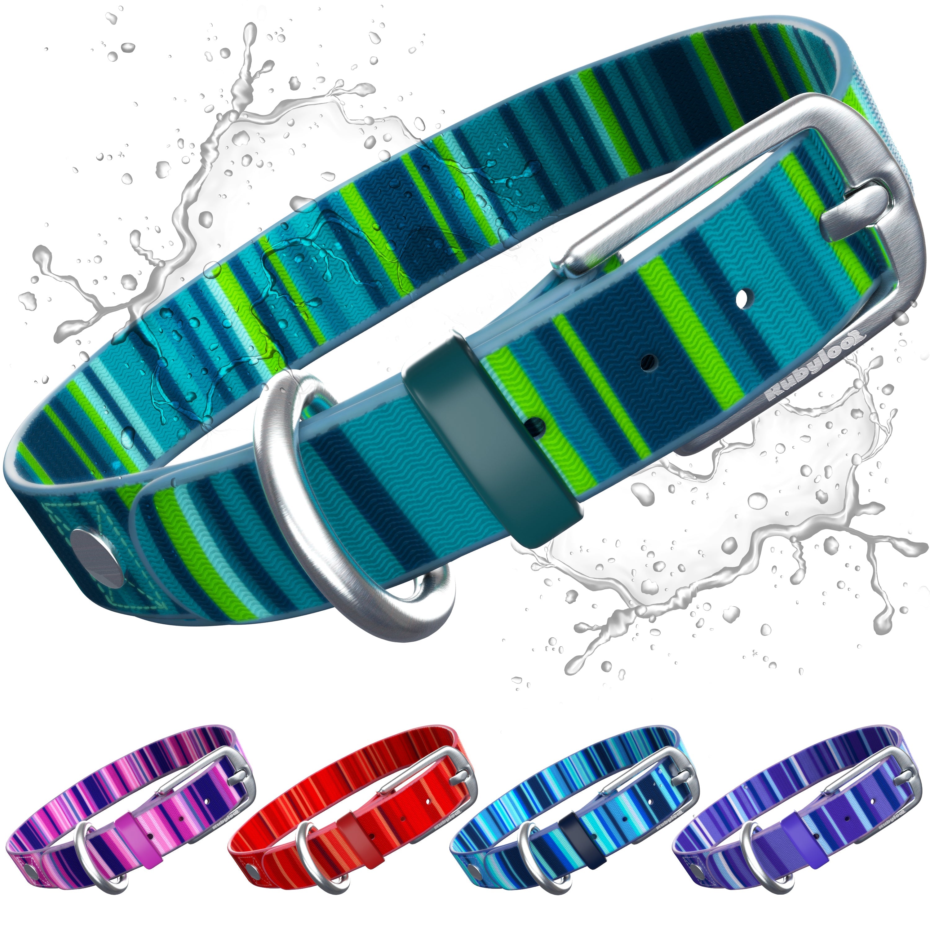 Colorful striped dog collars with metal rings on a white background