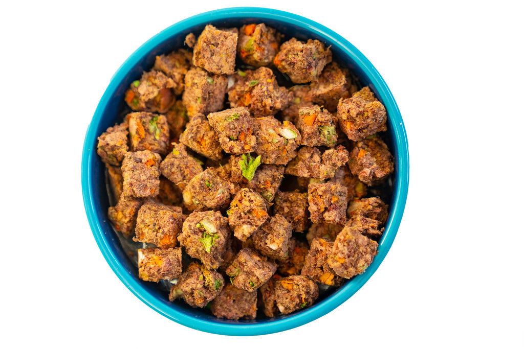Blue bowl filled with pet food on a white background