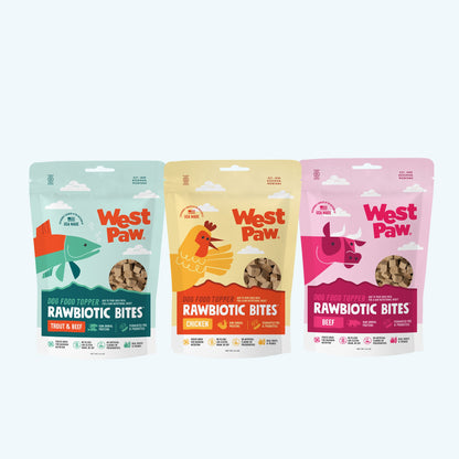 Three packages of West Paw Rawbiotic Bites on a white background