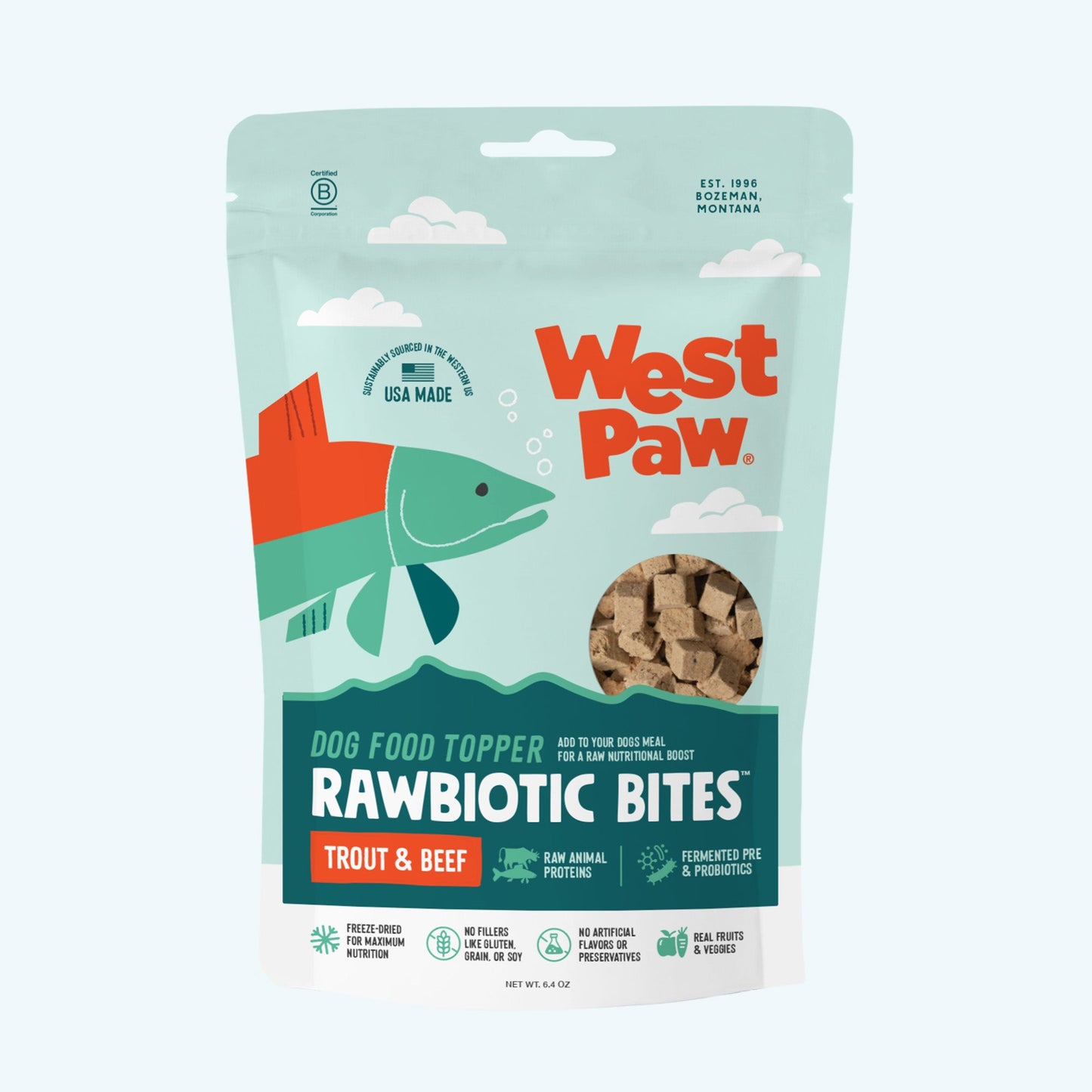 West Paw Rawbiotic Bites dog food topper package on a white background