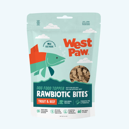 West Paw Rawbiotic Bites dog food topper package on a white background
