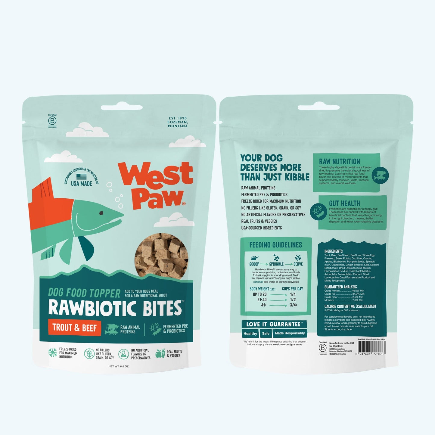 West Paw Rawbiotic Bites packaging for dog food on a white background