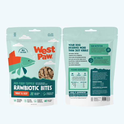 West Paw Rawbiotic Bites packaging for dog food on a white background