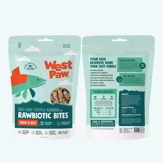 West Paw Rawbiotic Bites packaging for dog food on a white background