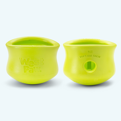 Two green pet toys with 'West Paw' branding on a white background
