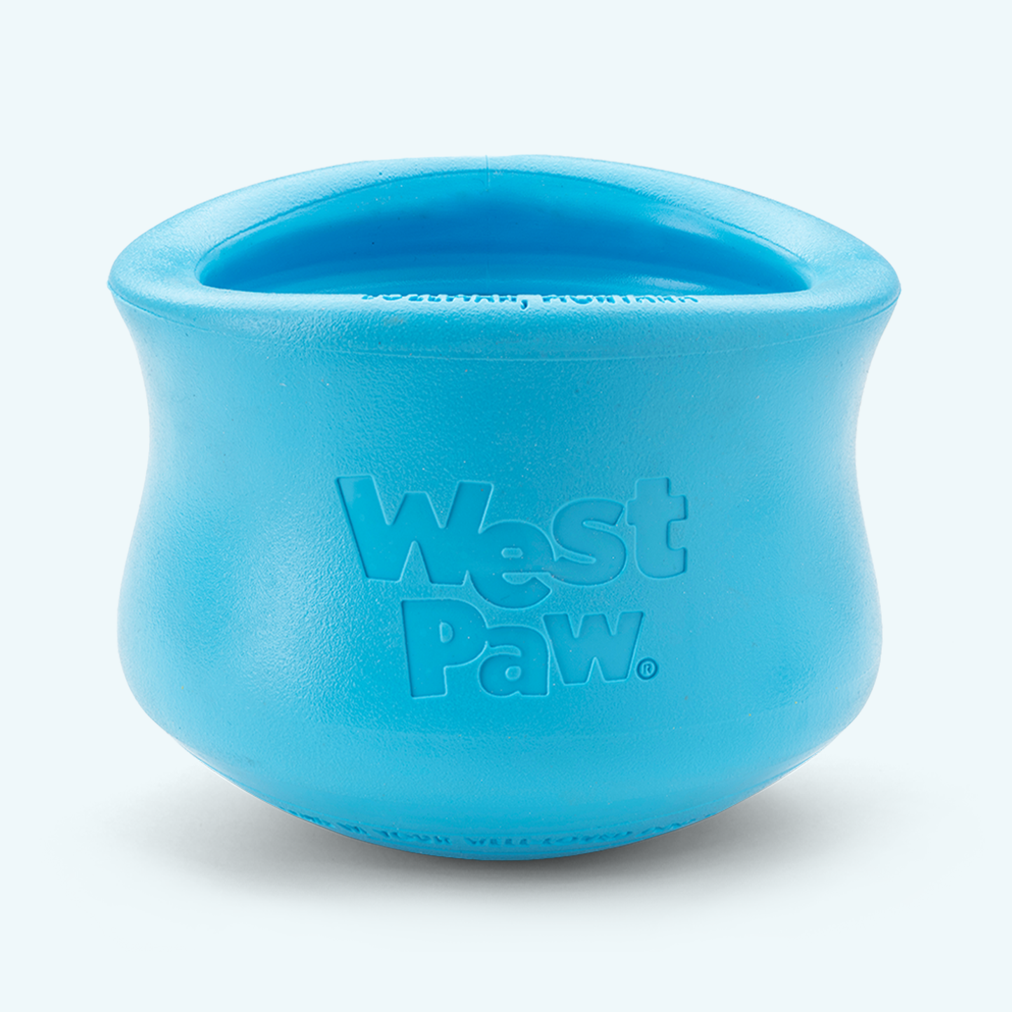 Blue rubber toy with 'West Paw' branding on a white background