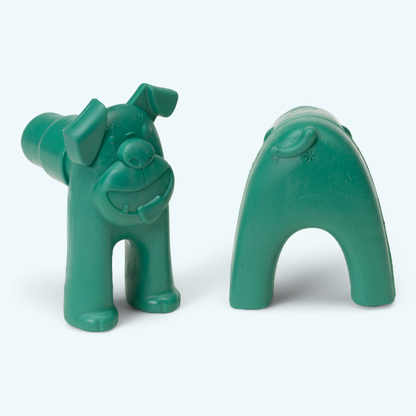 Two green plastic dog toys on a white background