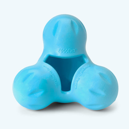 Blue dog toy with 'Zoooogle' branding on a light gray background