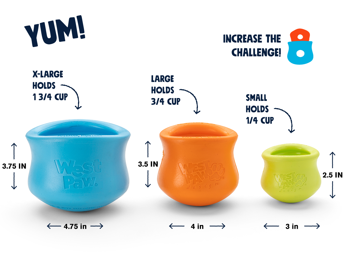 Three dog toys in blue, orange, and green with measurements and 'YUM!' text on a white background.