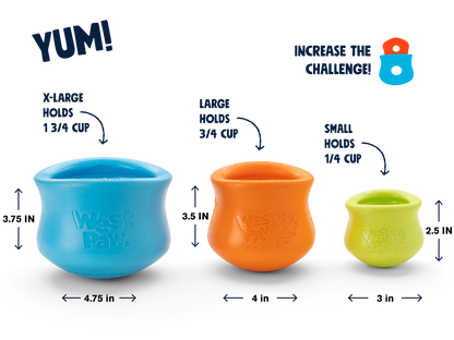Three dog toys in blue, orange, and green with measurements and 'YUM!' text on a white background.
