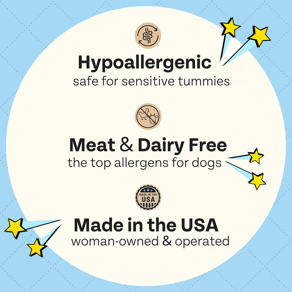 Product label with hypoallergenic, meat & dairy free, and made in the USA claims on a blue background.
