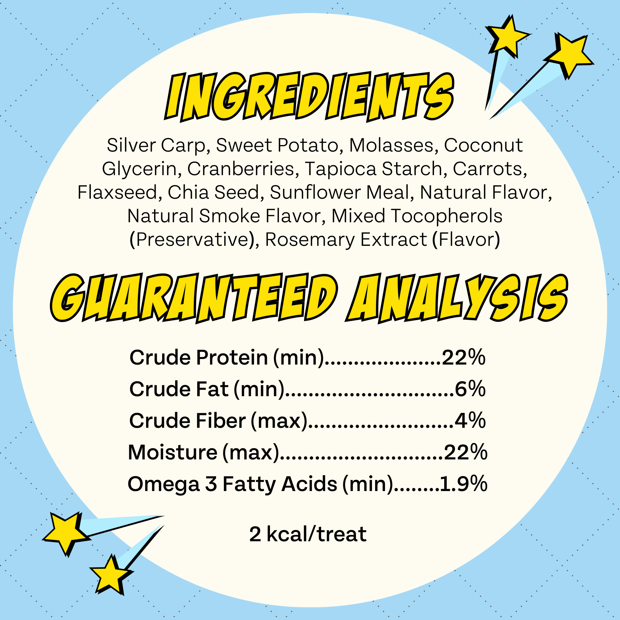 Ingredients and guaranteed analysis label for a product on a blue background with yellow text and stars.