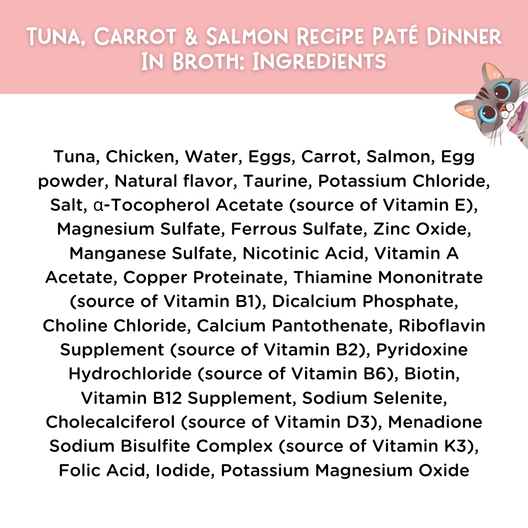 List of ingredients for tuna, carrot, and salmon recipe páté dinner in broth on a white background with a pink border.
