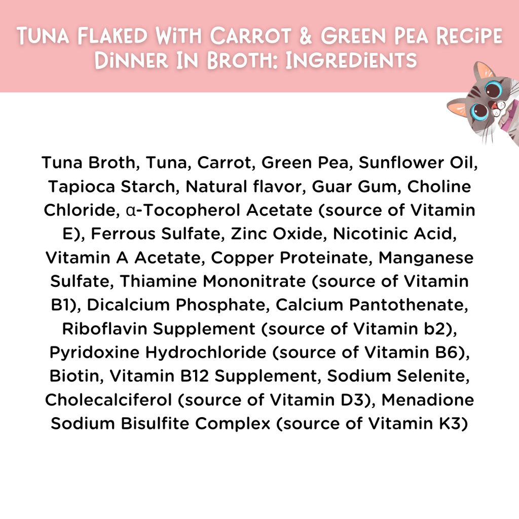 List of ingredients for tuna flaked with carrot and green pea recipe dinner in broth, with a cartoon cat character on a pink background.