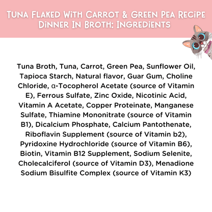 List of ingredients for tuna flaked with carrot and green pea recipe dinner in broth, with a cartoon cat character on a pink background.