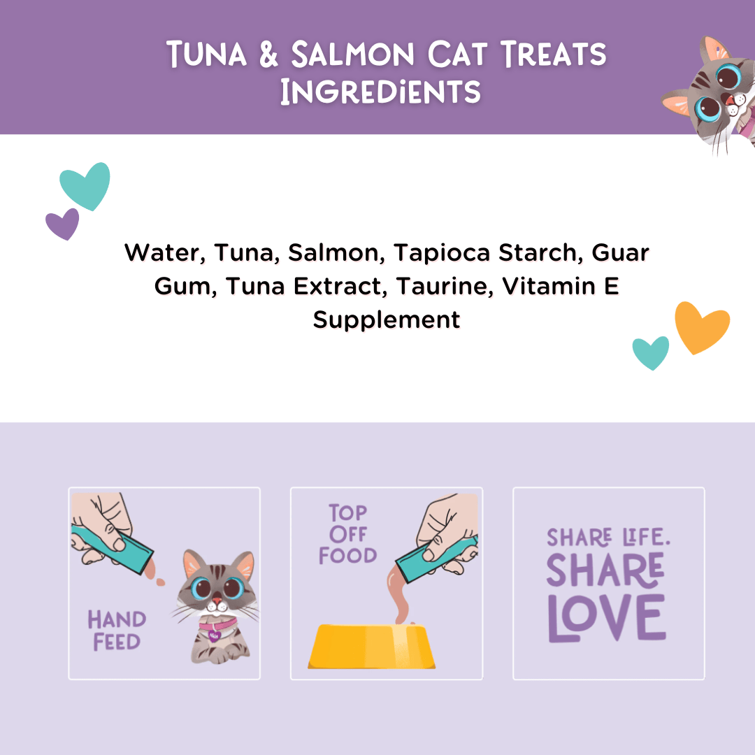 Ingredients list for tuna and salmon cat treats with cartoon illustrations on a purple background.