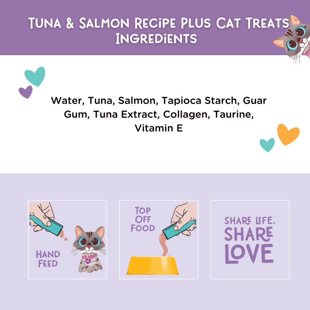Ingredients list for tuna and salmon recipe cat treats with illustrations of a cat and feeding actions on a purple background.