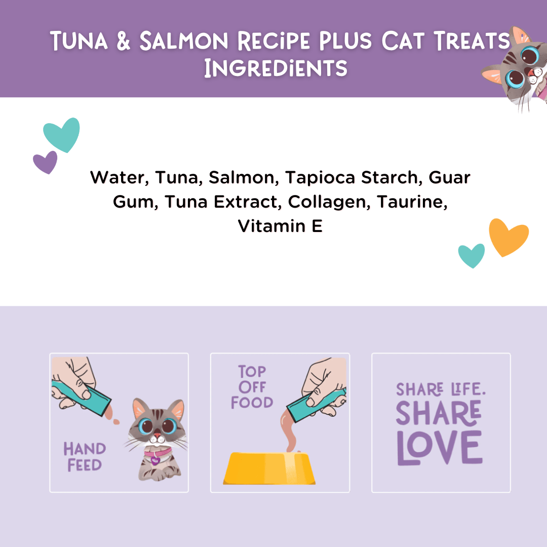 Ingredients list for tuna and salmon recipe cat treats with illustrations of a cat and feeding actions on a purple background.