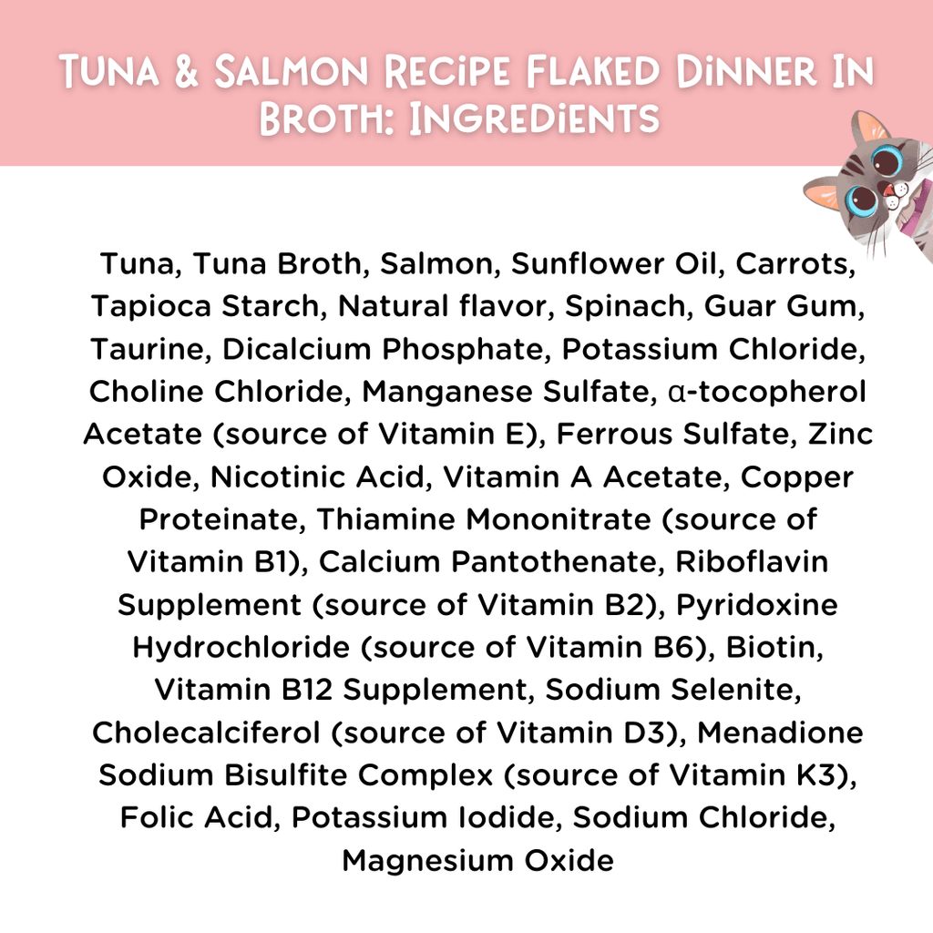 List of ingredients for tuna and salmon recipe flaked dinner in broth with a cat illustration on a pink background.