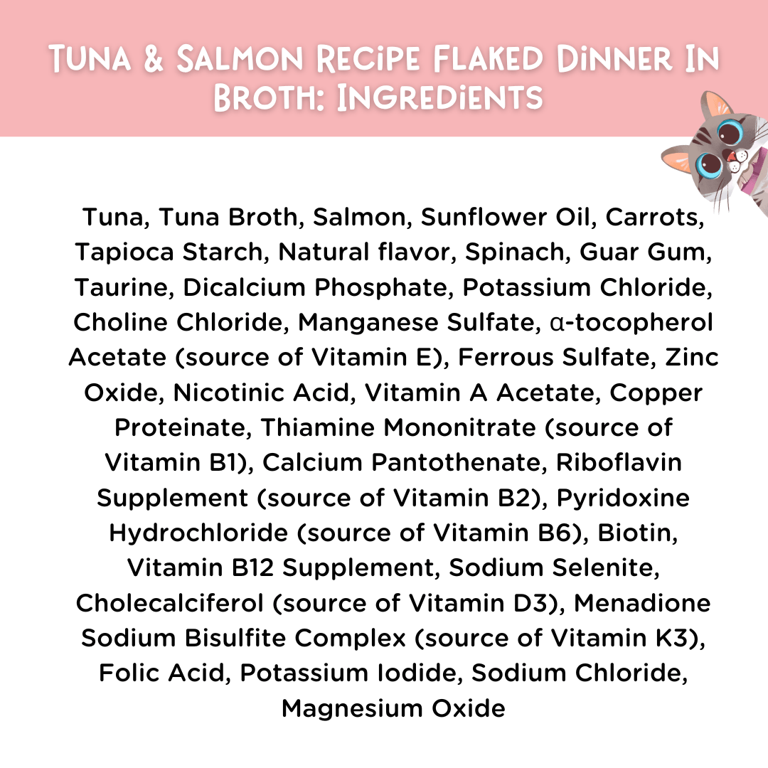 List of ingredients for tuna and salmon recipe flaked dinner in broth with a cat illustration on a pink background.
