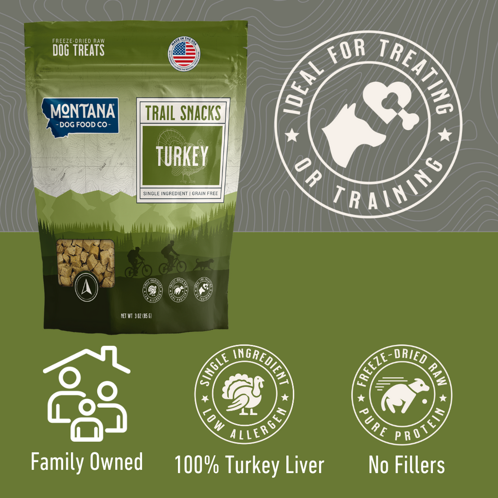 Montana Dog Foods Co. turkey trail snacks packaging on a green background with branding and product information.