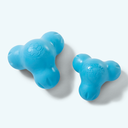 Two blue dog toys on a white background