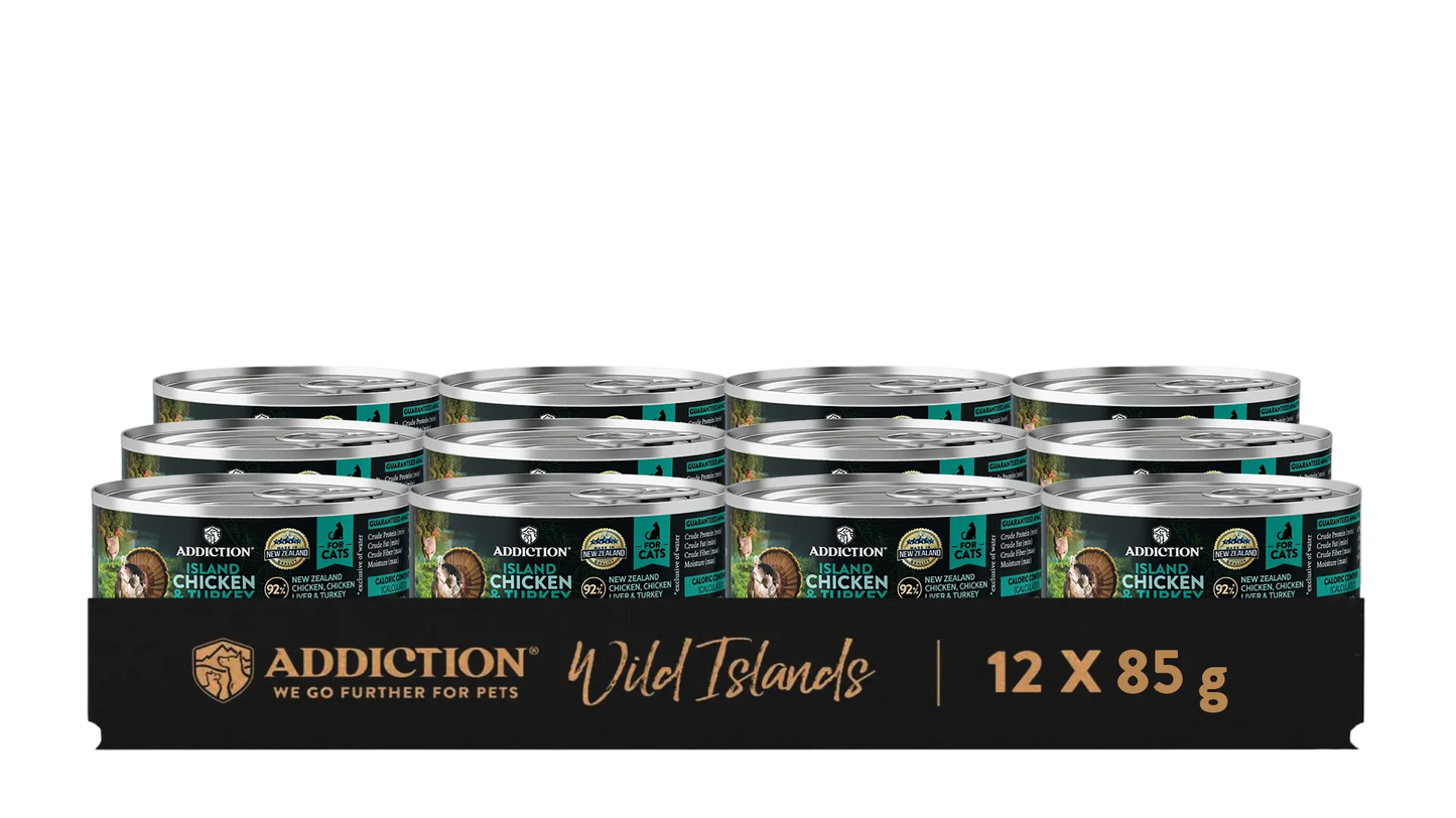 Open can of Addiction Island Chicken & Turkey Recipe cat food on a white background