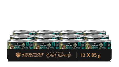 Open can of Addiction Island Chicken & Turkey Recipe cat food on a white background