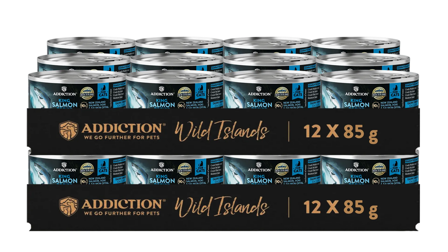 Packaging of Addiction Wild Islands salmon cat food cans on a white background