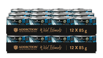 Packaging of Addiction Wild Islands salmon cat food cans on a white background