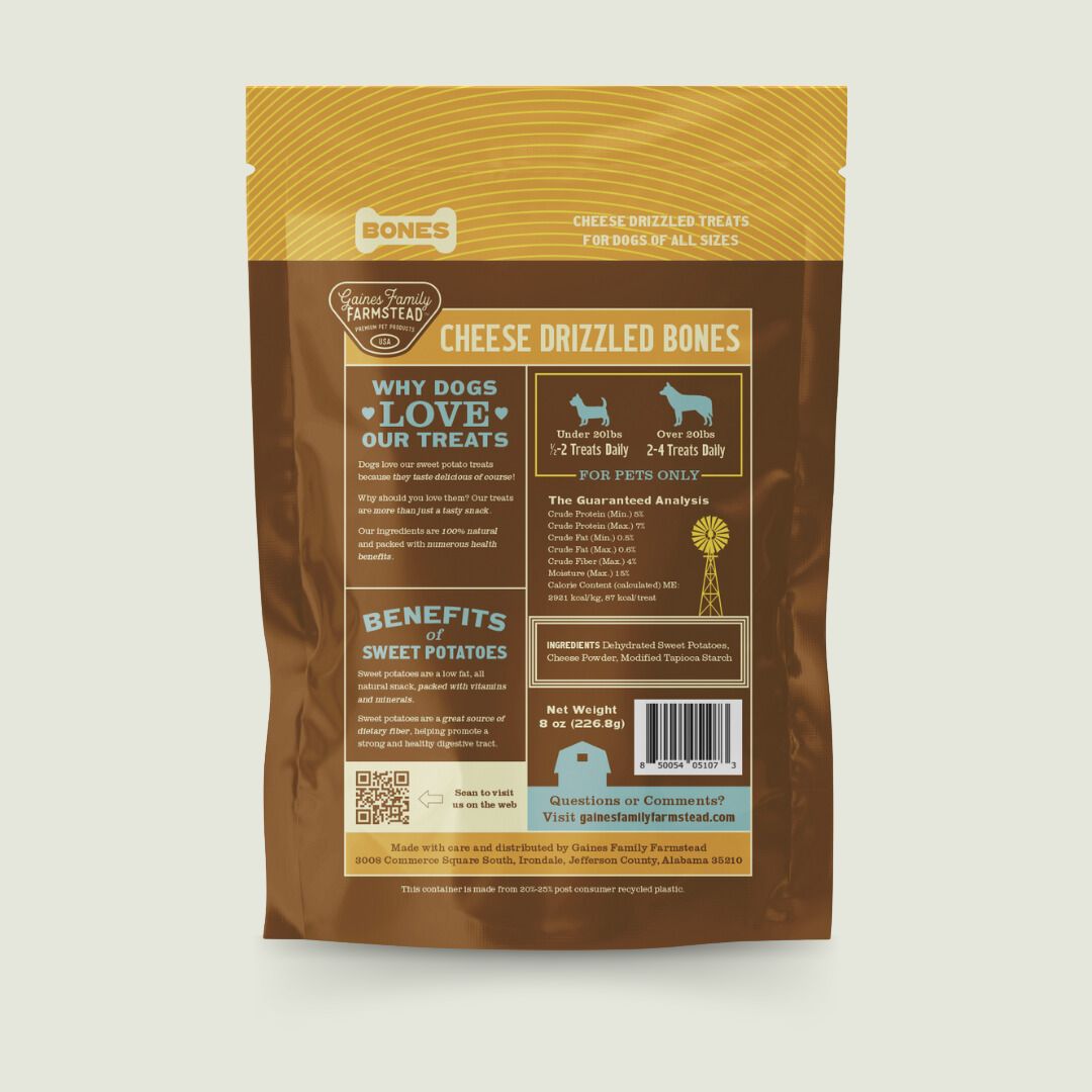 Package of cheese drizzled bones dog treats with branding and product details.