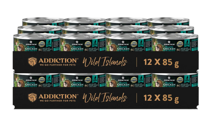 Multiple cans of Addiction Wild Islands chicken cat food on a white background