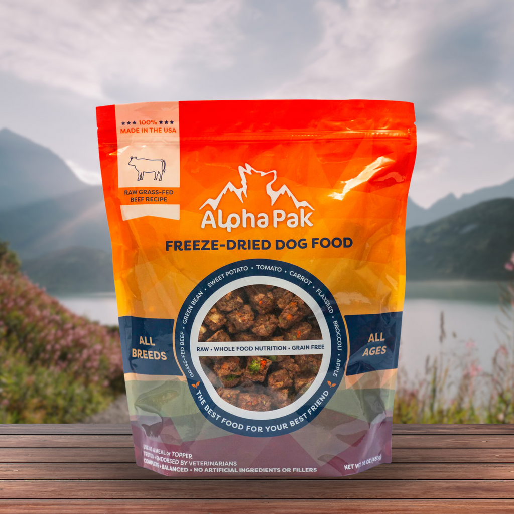 Alpha Pak freeze-dried dog food package with a scenic background
