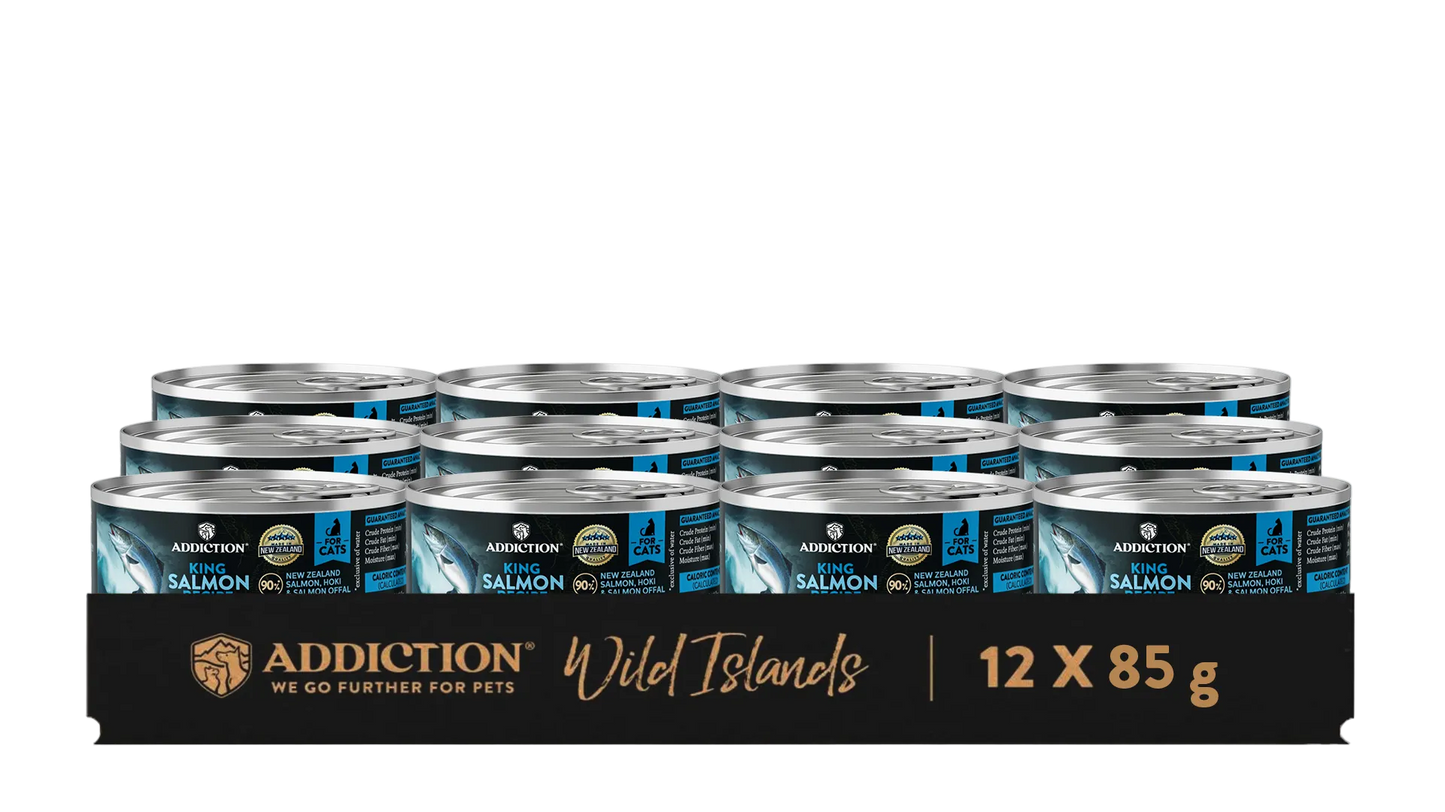 Packaging of Addiction Wild Islands salmon cat food cans on a white background