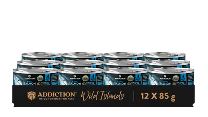 Packaging of Addiction Wild Islands salmon cat food cans on a white background