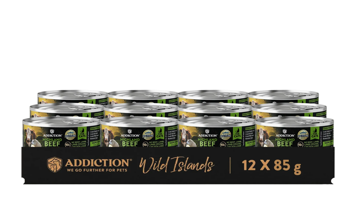 Packaging of Addiction Wild Islands dog food cans on a white background