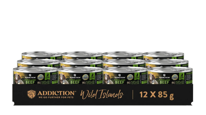 Packaging of Addiction Wild Islands dog food cans on a white background