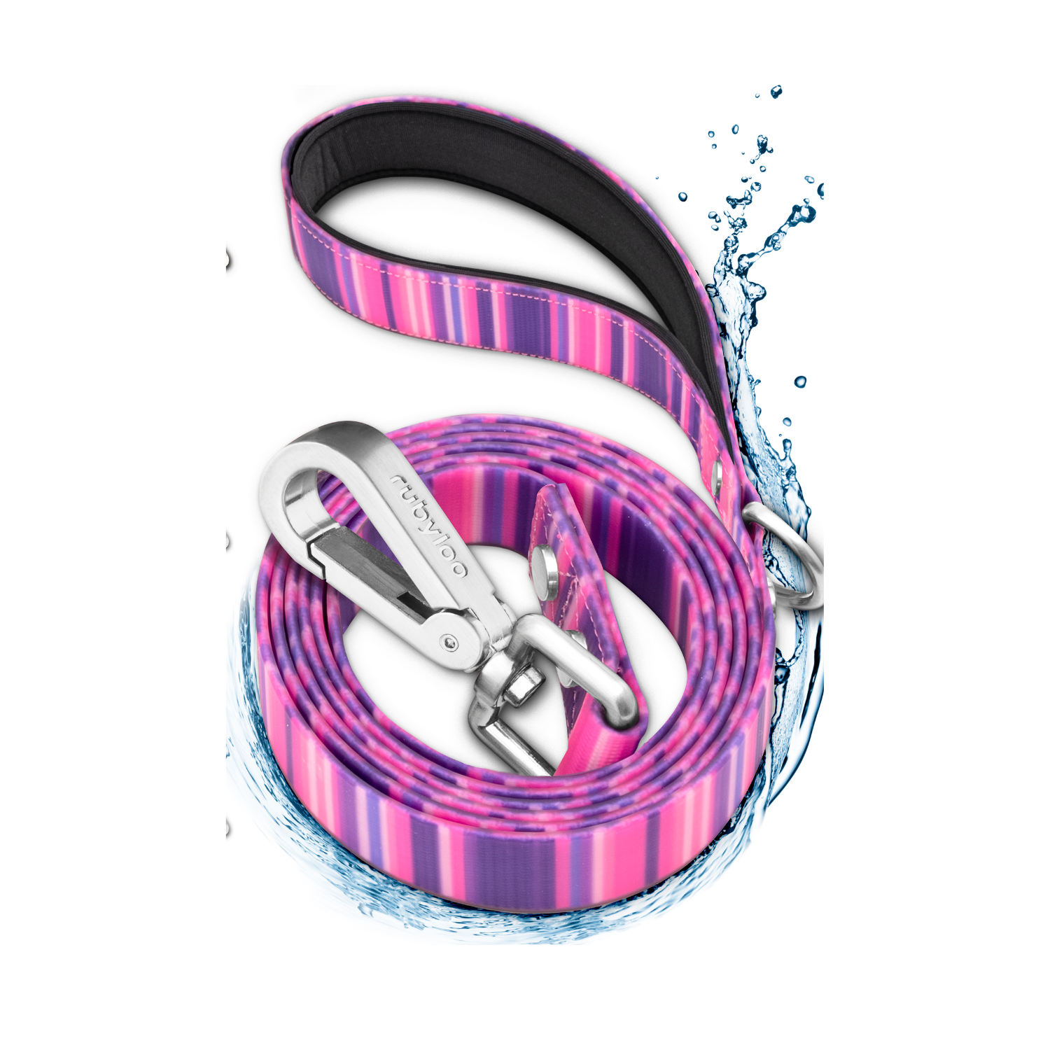 Pink and purple striped dog leash with a silver clip on a white background